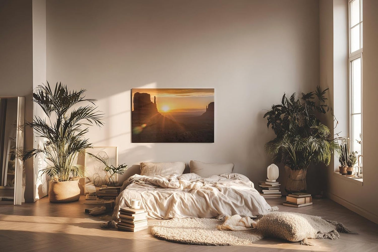 Sinus Art Wandbild 120x80cm Dramatische Landschaft mit Felsformationen im Gegenlicht der aufgehenden Sonne erzeugt Weite und Ruhe