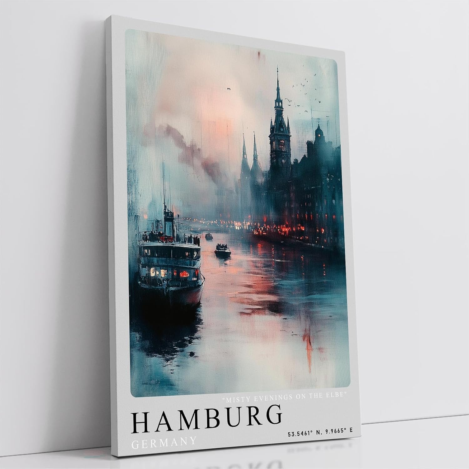 Paul Sinus Leinwandbild 80x120cm Hamburg Misty Evenings – Atmosphärische Hafenszene mit nebligem Elbufer, beleuchteten Gebäuden, Schiffe