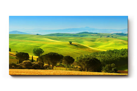 Sinus Art Wandbild 120x80cm Sanfte Hügel der Toskana mit Zypressen und Feldern unter strahlend blauem Himmel