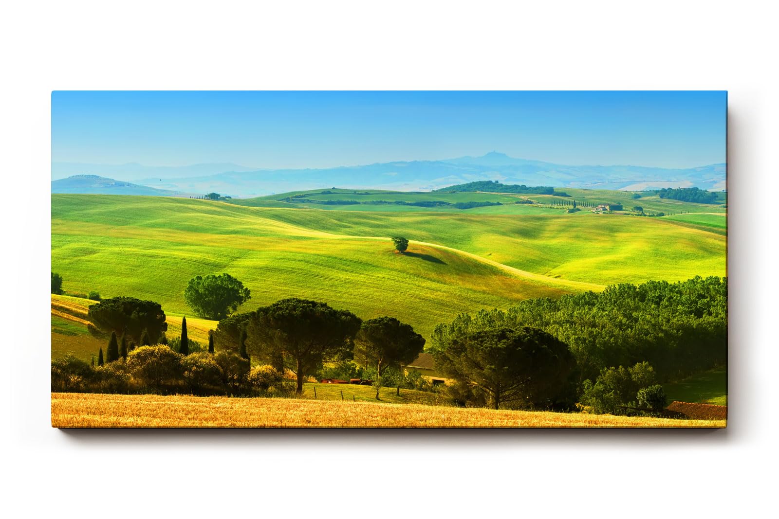 Sinus Art Wandbild 120x80cm Sanfte Hügel der Toskana mit Zypressen und Feldern unter strahlend blauem Himmel