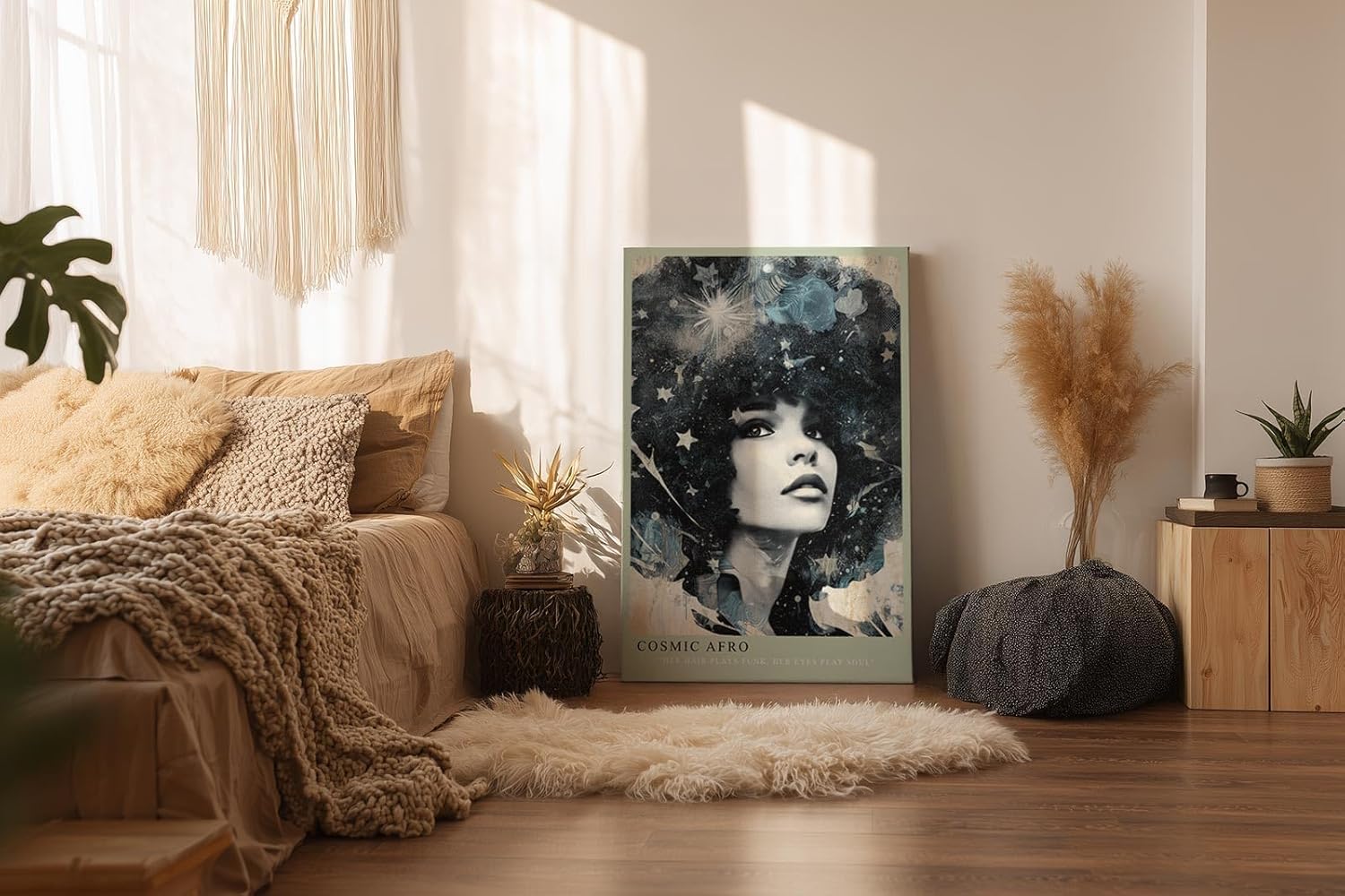 Paul Sinus Wandbild in 40x60cm Cosmic Afro stilvolles Porträt einer Frau mit Afro voller Sterne und kosmischen Elementen