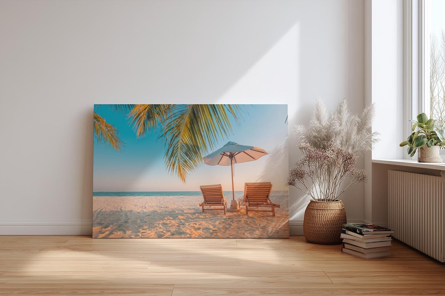 Sinus Art Wandbild 120x80cm Zwei Sonnenliegen am Palmenstrand mit Schirm vor blauem Himmel für entspannte Wirkung