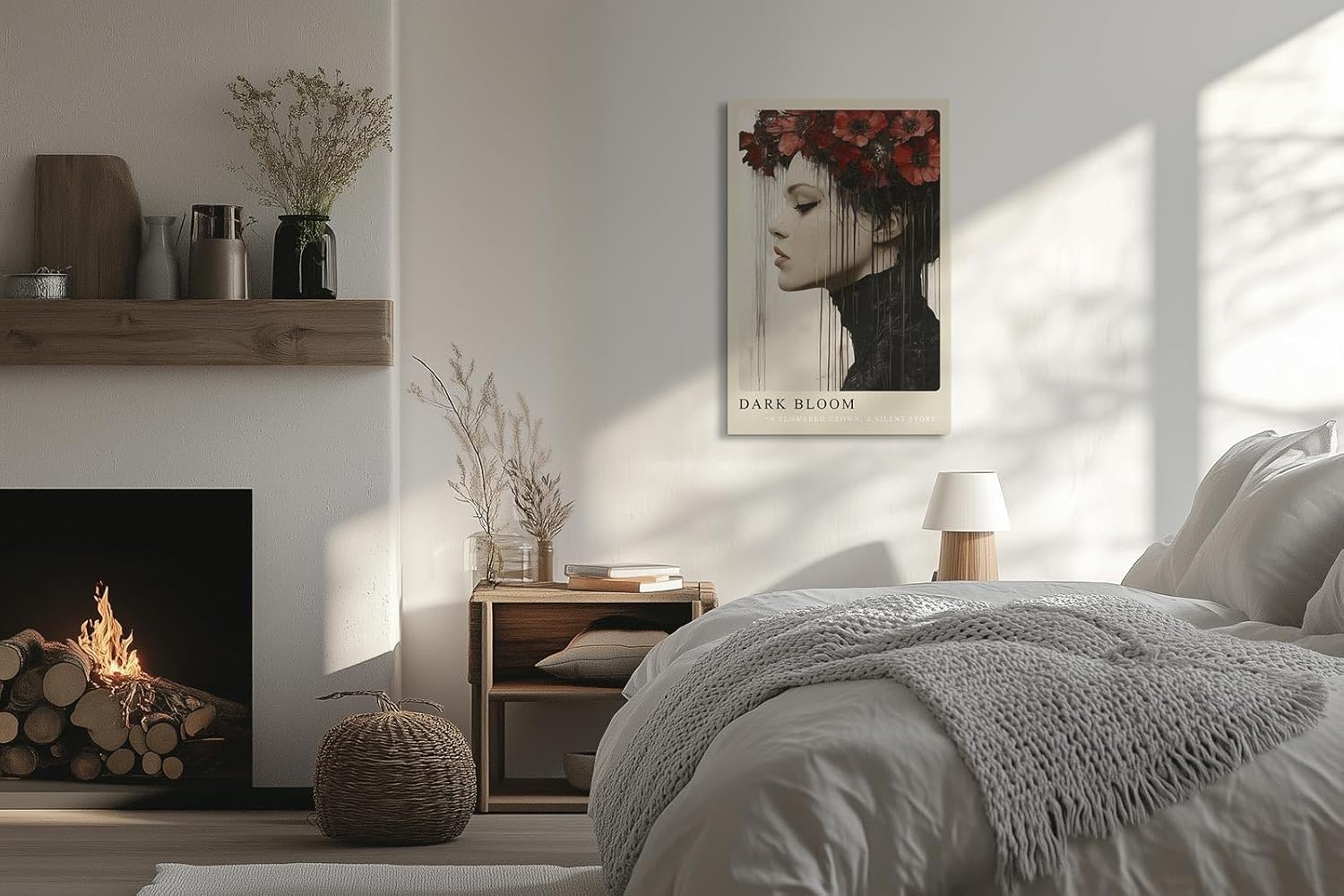 Paul Sinus Leinwandbild 40x60cm Dark Bloom elegantes Porträt mit roter Blütenkrone mystisch surreal ausdrucksstark melancholisch dunkle Ästhetik