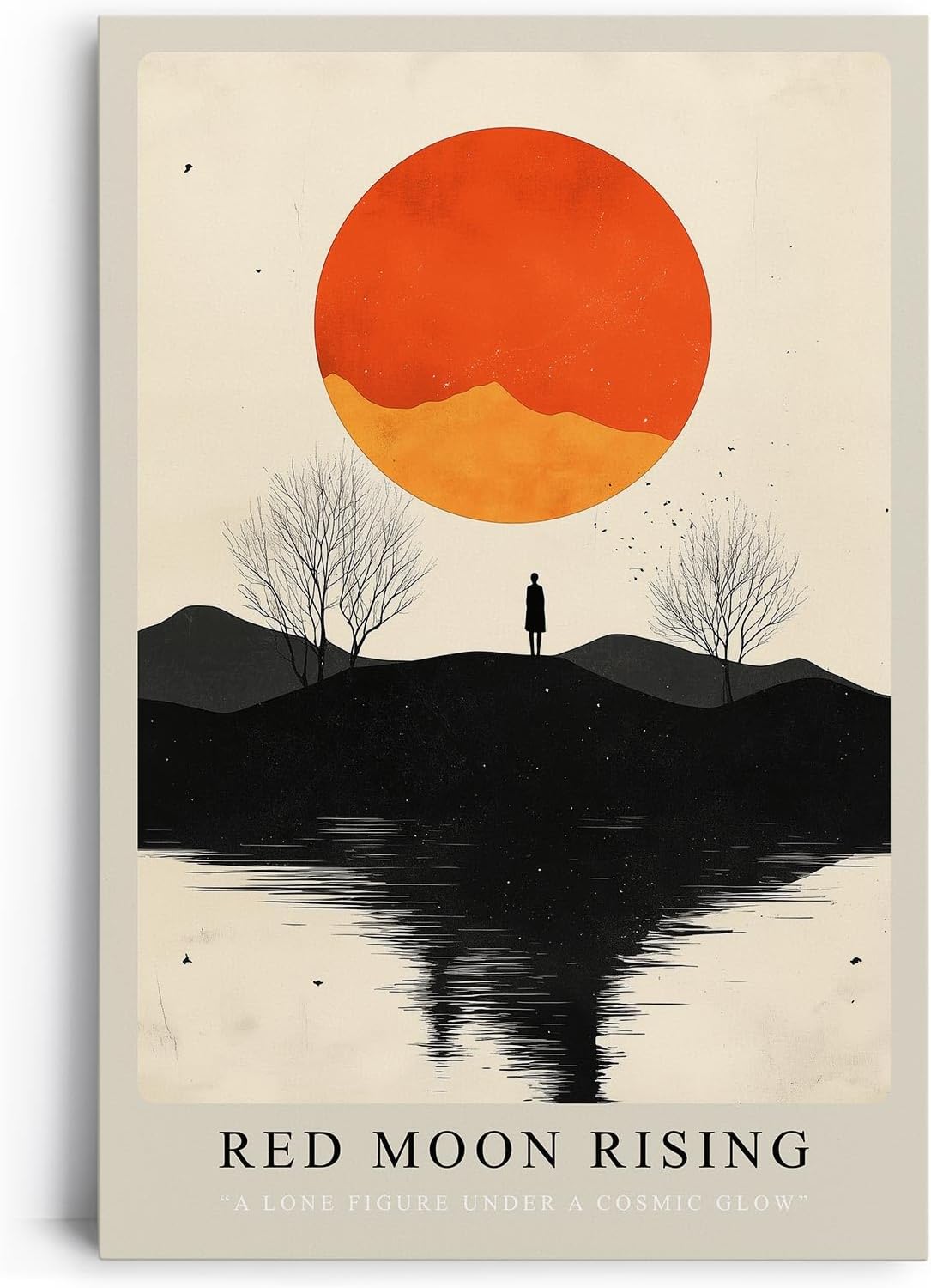 Paul Sinus Leinwandbild 40x60cm Red Moon Rising geheimnisvolle Landschaft mit leuchtend rotem Mond Silhouette einsamer Figur reflektierendes Wasser