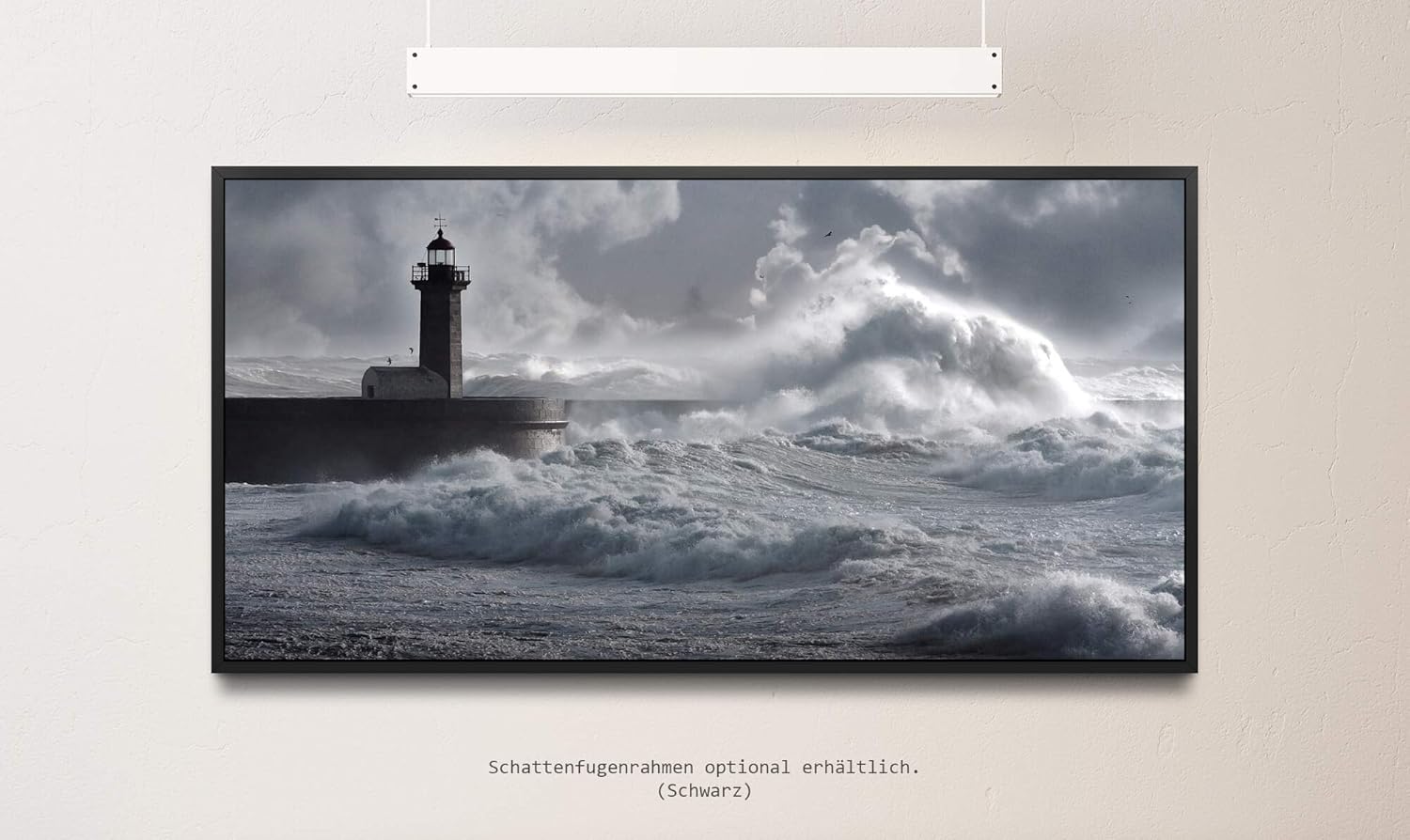 Leuchtturm in Portugal ca. 130x70cm Wandbild inklusive Schattenfugenrahmen schwarz - Panorama Leinwand Bild XXL Format Wandbilder Wohnzimmer Wohnung Deko Kunstdrucke