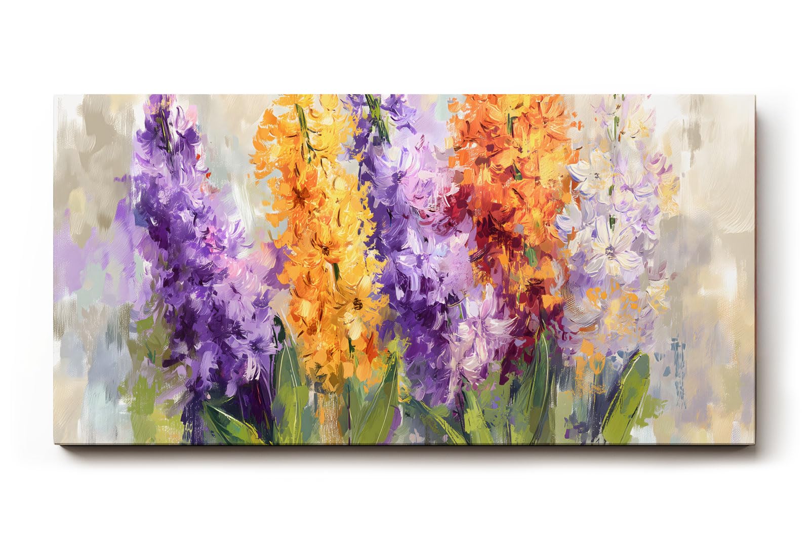 Sinus Art Wandbild 120x80cm Vielfarbige Blütengruppen in Lila Orange Weiß und Gelb – lebendig und künstlerisch interpretiert