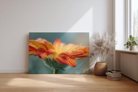 Sinus Art Wandbild 120x80cm Erfrischende Darstellung einer orangefarbenen Blüte mit glitzernden Tropfen