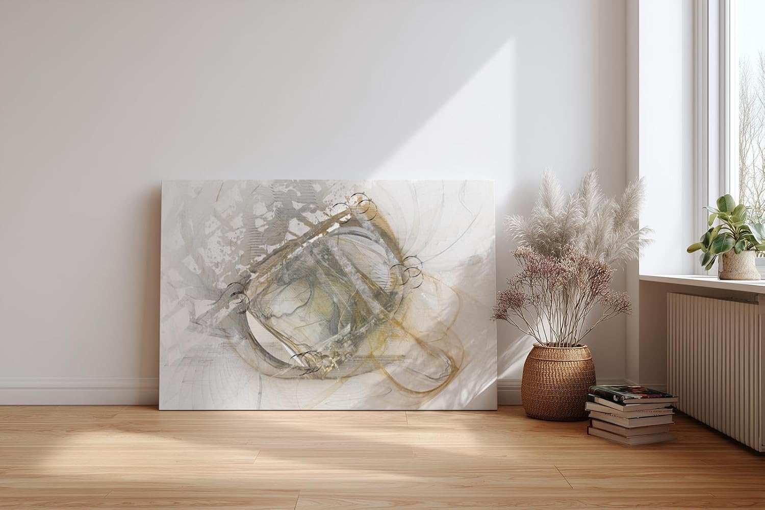 Sinus Art Wandbild 120x80cm Komplexe abstrakte Linienführung in hellem Beige, Grau und dezentem Goldton