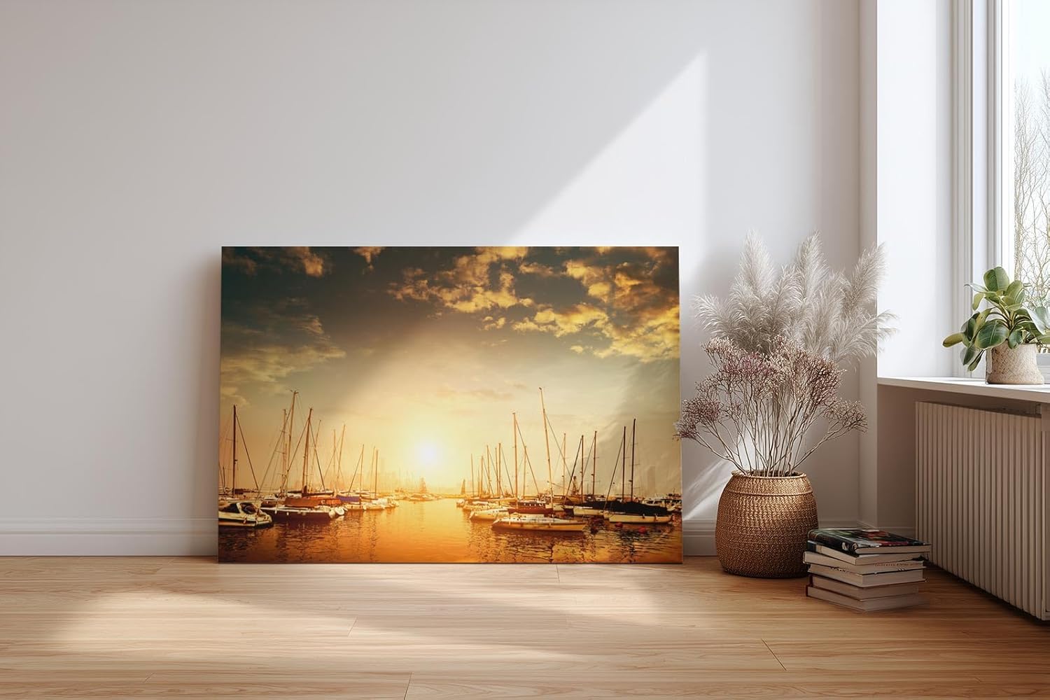 Sinus Art Wandbild 120x80cm Wunderschöner Sonnenuntergang über ruhigem Wasser mit segelnden Booten
