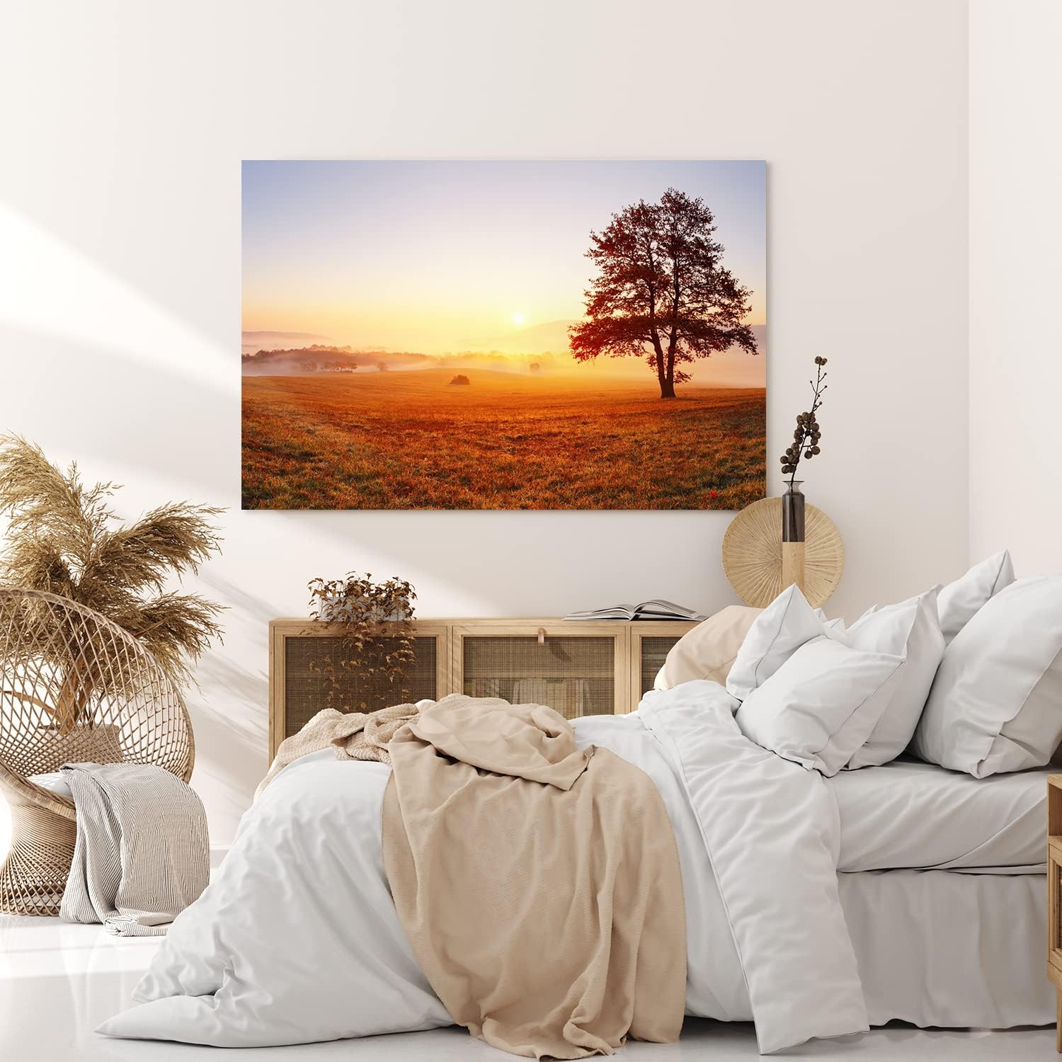 Paul Sinus Wandbild 120x80cm Baum Morgentau Sonnenaufgang Feld Natur Nebel