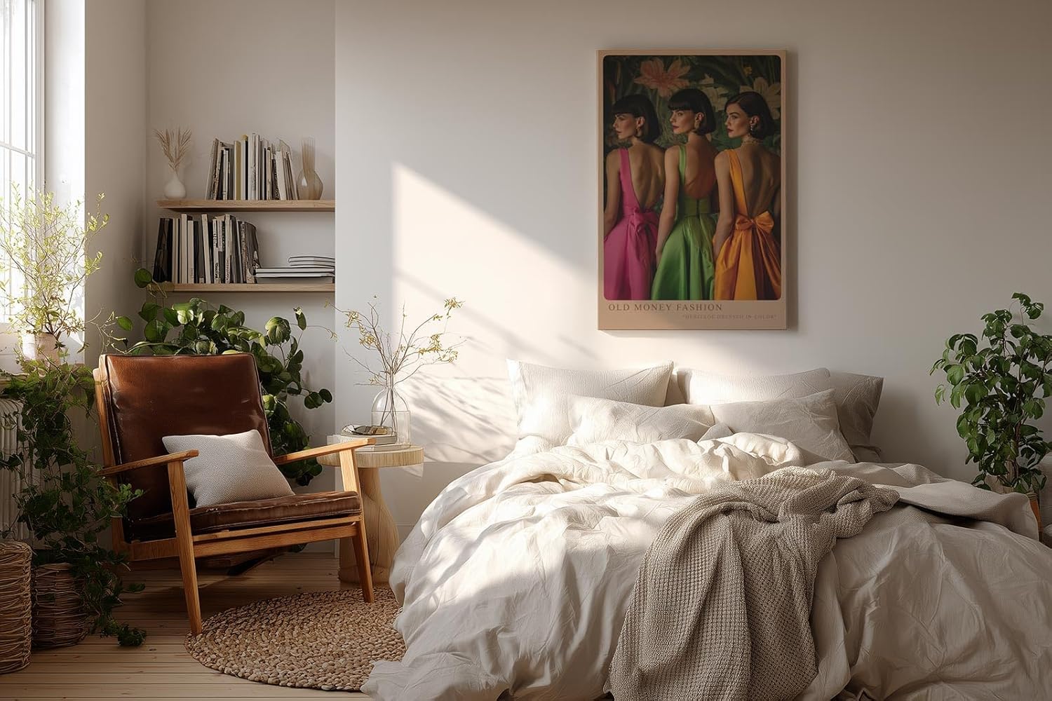 Paul Sinus Wandbild in 40x60cm Old Money Fashion – Elegante Damen in farbenfrohen Kleidern vor floralem Hintergrund, stilvolles Retro-Design für luxuriöse Wohnakzente