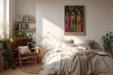 Paul Sinus Wandbild in 40x60cm Old Money Fashion – Elegante Damen in farbenfrohen Kleidern vor floralem Hintergrund, stilvolles Retro-Design für luxuriöse Wohnakzente