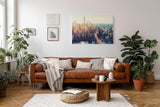 Sinus Art Wandbild 120x80cm Stimmungsvolle Stadtsilhouette mit Brooklyn Bridge und Sonnenlicht über Manhattan