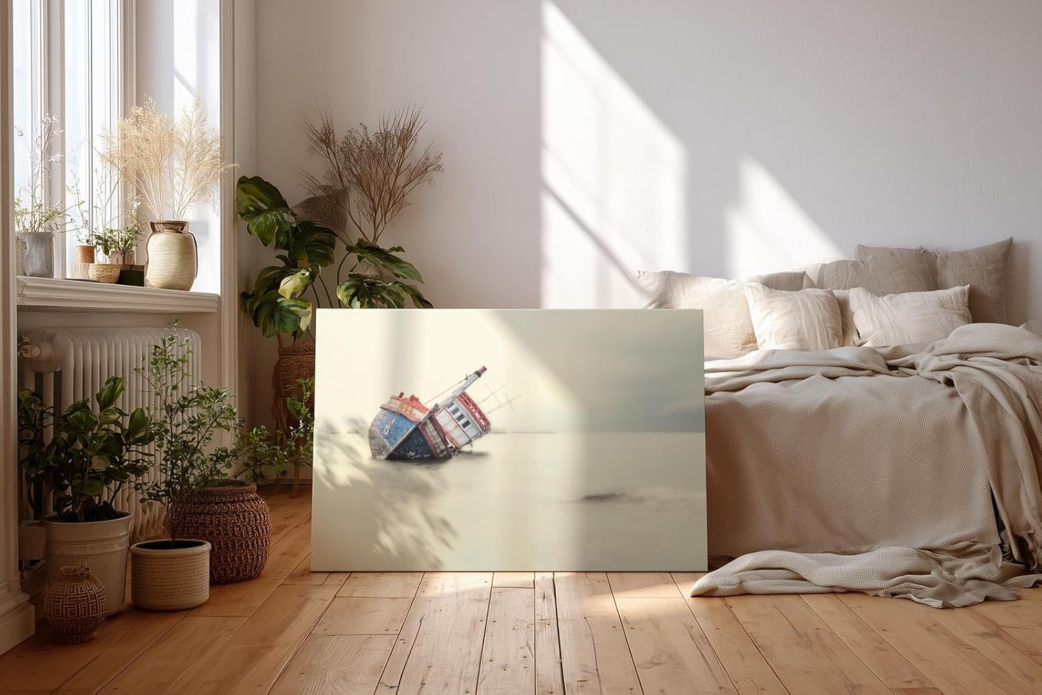 Sinus Art Wandbild 120x80cm Die Szene eines gekippten Bootes auf ruhiger Wasserfläche wirkt melancholisch und meditativ zugleich