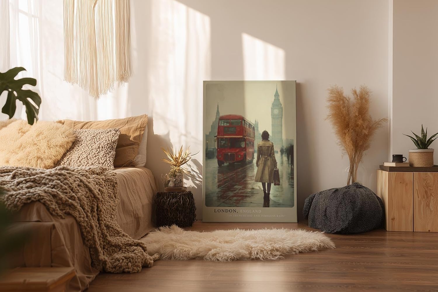 Paul Sinus Wandbild in 40x60cm London, England – Malerische Straßenszene mit rotem Doppeldeckerbus und Big Ben im Hintergrund, stilvolle Stadtansicht im Regen