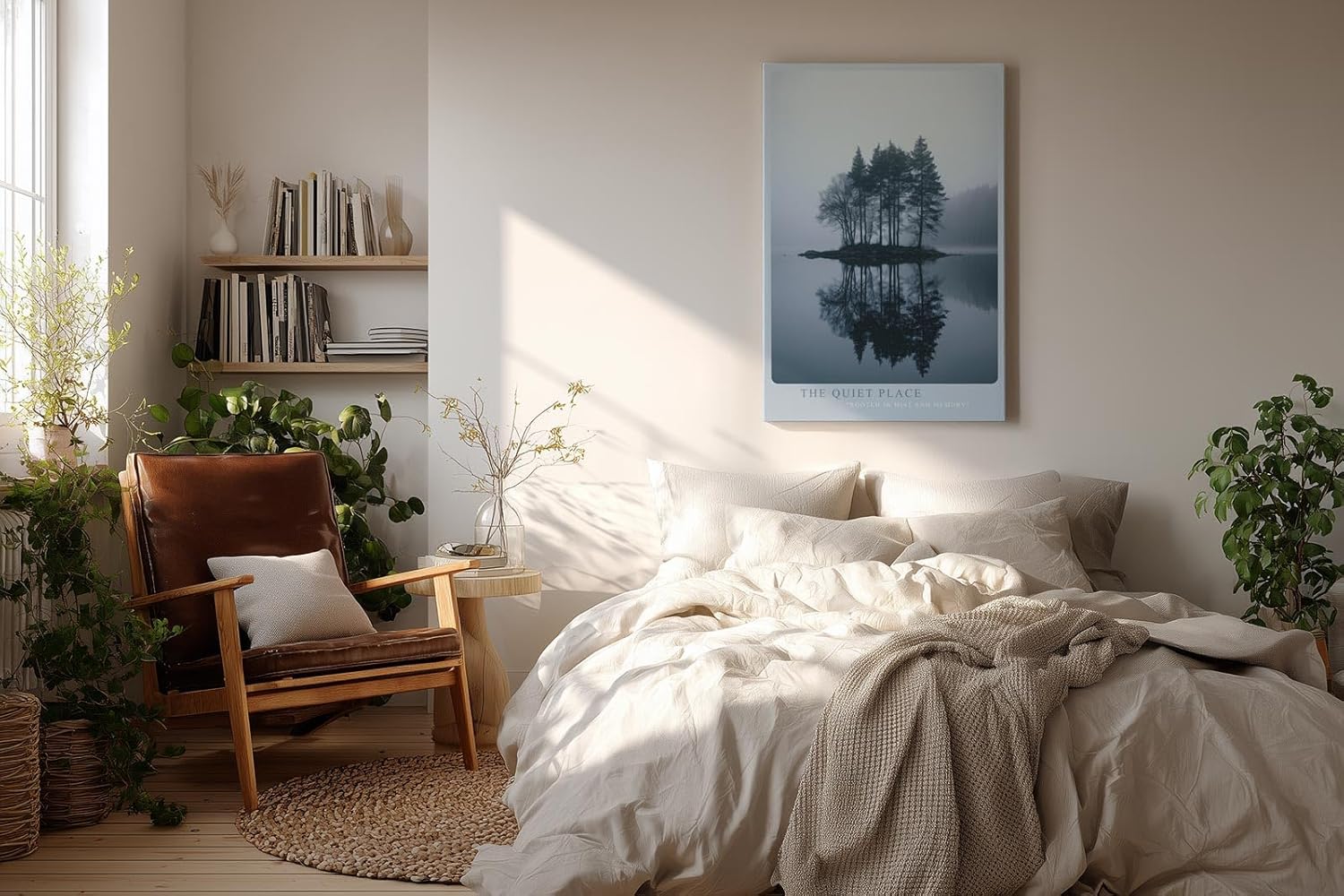 Paul Sinus Wandbild in 40x60cm The Quiet Place – Nebelige Bauminsel mit Spiegelung im See, beruhigendes Naturmotiv in sanften Blautönen
