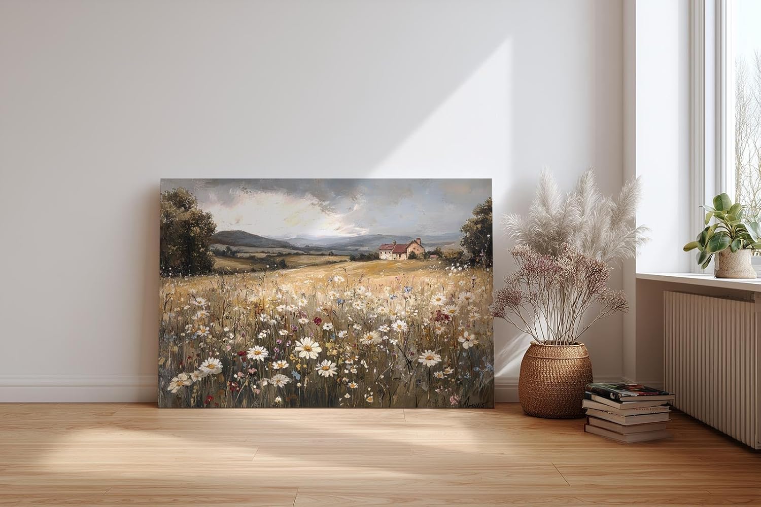 Sinus Art Wandbild 120x80cm Sanftes Naturmotiv mit blühender Wiese, Wildblumen und Bauernhof in weiter Hügellandschaft