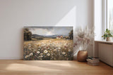 Sinus Art Wandbild 120x80cm Sanftes Naturmotiv mit blühender Wiese, Wildblumen und Bauernhof in weiter Hügellandschaft