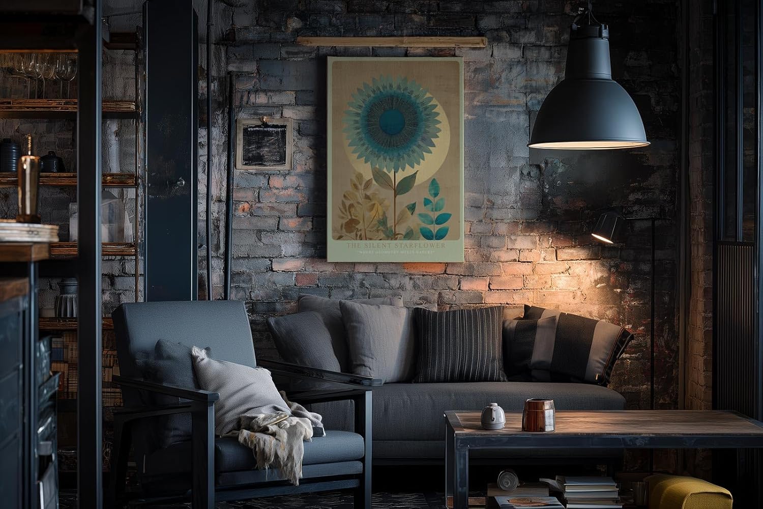 Paul Sinus Wandbild in 40x60cm The Silent Starflower stilisierte Sonnenblume in Blauund Goldtönen moderne Naturkunst auf Leinwand