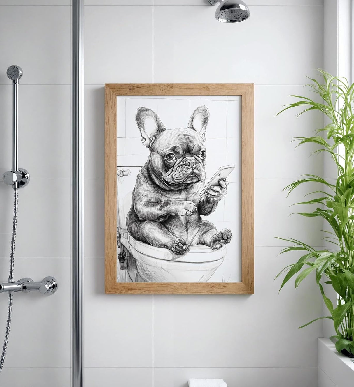 Paul Sinus Poster/Leinwandbild/Rahmenoption Lustiges Hundebild – Witzige Klo-Deko fürs Gäste-WC – Perfekt für Smartphone-Junkies