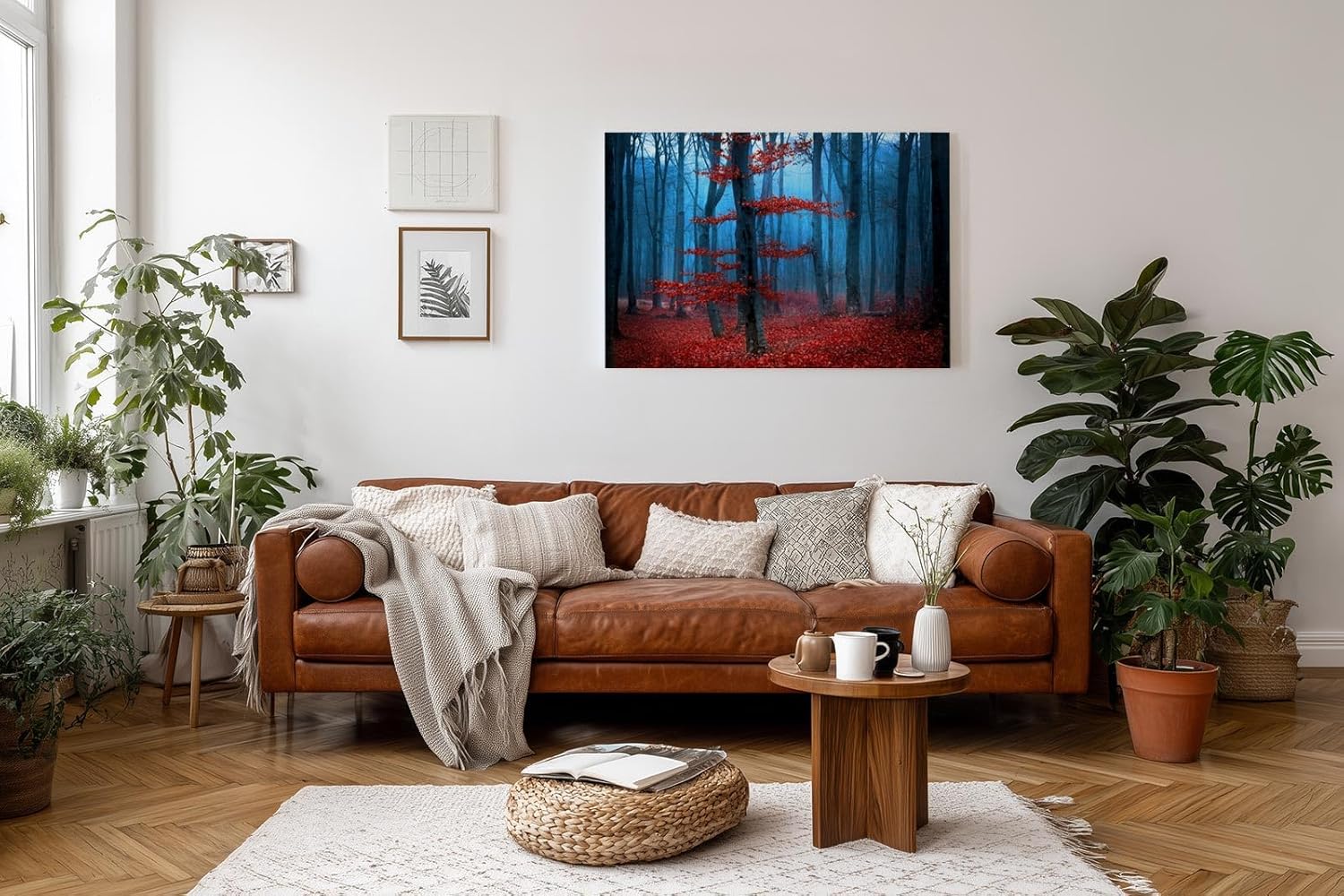 Sinus Art Wandbild 120x80cm Roter Baum vor blauem Nebel – geheimnisvoll, künstlerisch und emotional wirkungsvoll