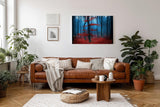Sinus Art Wandbild 120x80cm Roter Baum vor blauem Nebel – geheimnisvoll, künstlerisch und emotional wirkungsvoll