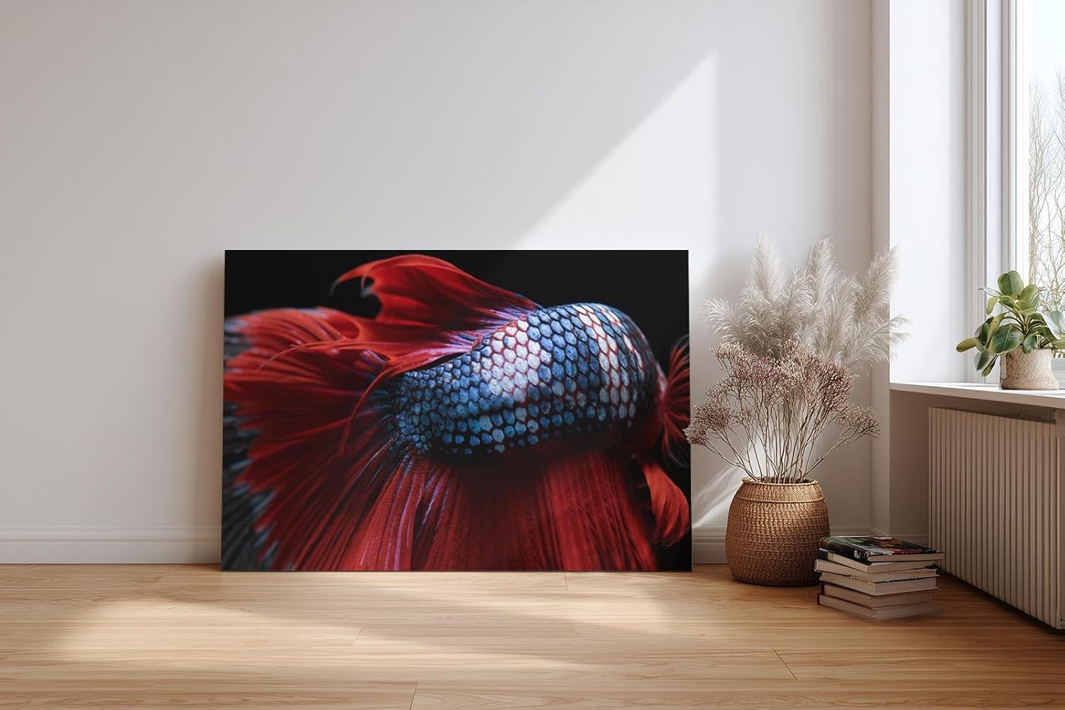 Sinus Art Wandbild 120x80cm Makroaufnahme eines Kampffischs mit leuchtend roter Flosse und glänzenden Schuppen