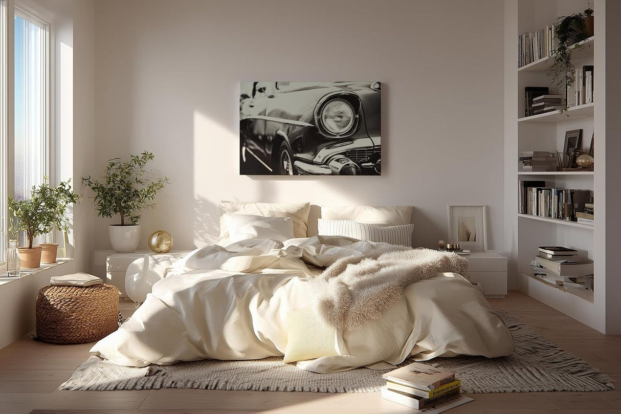 Sinus Art Wandbild 120x80cm Ästhetische Nahaufnahme eines ikonischen Oldtimers mit glänzendem Chrom