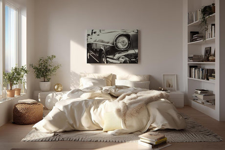 Sinus Art Wandbild 120x80cm Ästhetische Nahaufnahme eines ikonischen Oldtimers mit glänzendem Chrom