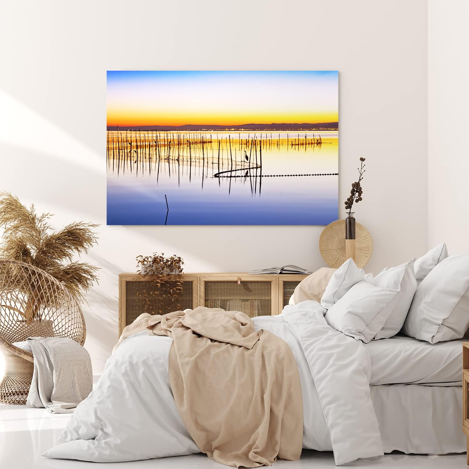 Paul Sinus Wandbild 120x80cm Abendröte Meer Fischernetze Kraniche Horizont Berge