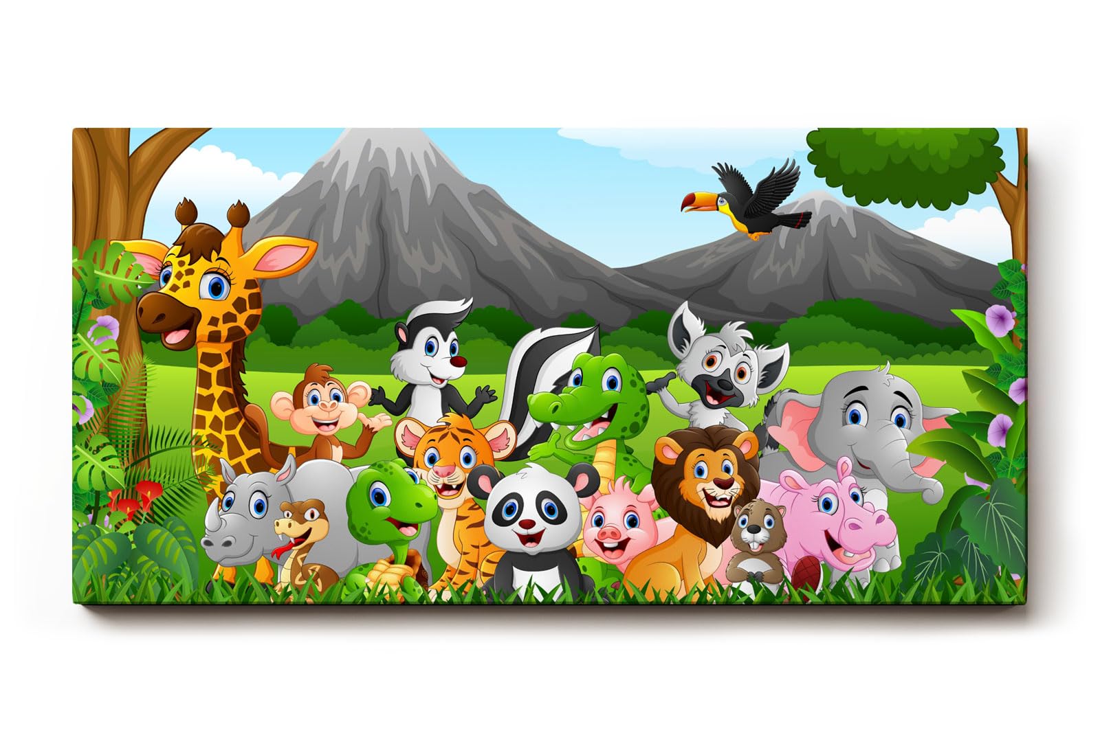 Sinus Art Wandbild 120x80cm Detailreich illustrierte Tiergruppe mit Panda, Tiger, Giraffe, Affe, Elefant u. v. m.