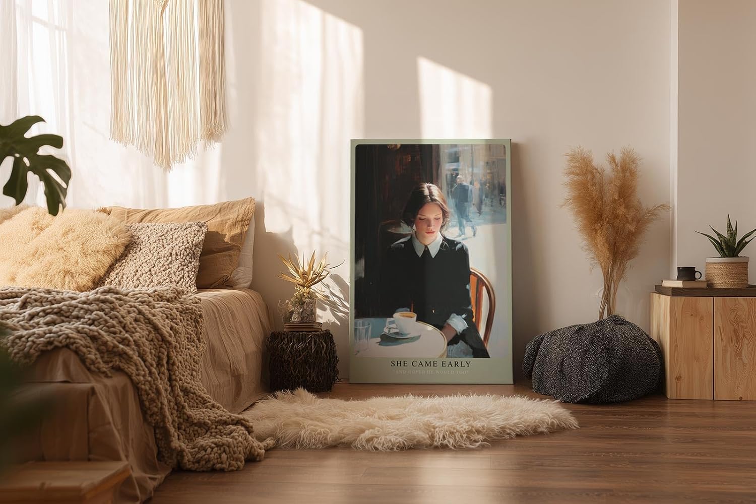 Paul Sinus Wandbild in 40x60cm She Came Early – Zartes Porträt einer Frau am Café-Tisch in Paris, nachdenklich auf ihre Tasse Kaffee blickend, moderne Bilder mit sanften Farbtönen