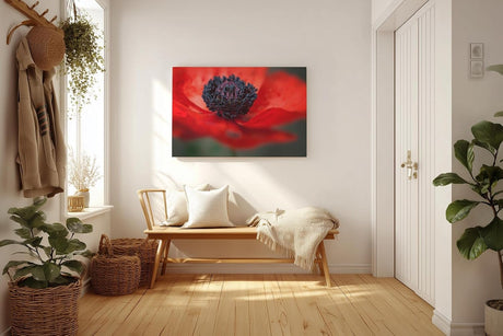 Sinus Art Wandbild 120x80cm Starke Nahaufnahme einer offenen roten Mohnblüte mit Fokus auf das tiefschwarze Zentrum