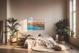 Sinus Art Wandbild 120x80cm Pastellfarbene Häuserzeile an der Küste vor türkisblauem Meer – mediterranes Flair pur
