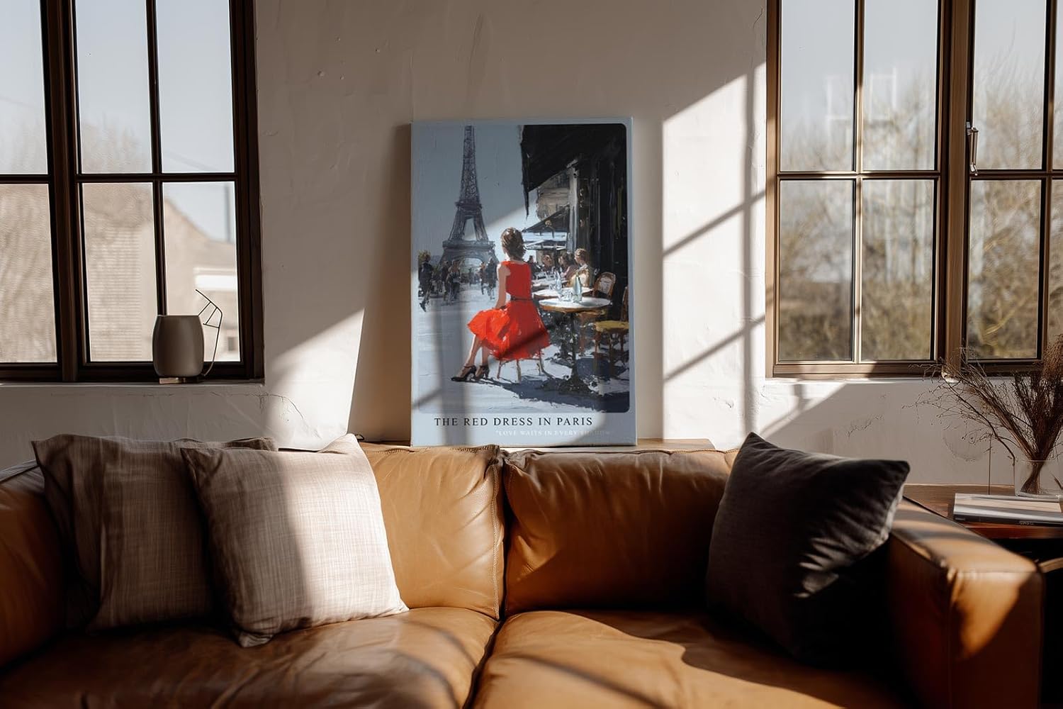 Paul Sinus Wandbild in 40x60cm The Red Dress in Paris Bilder einer Frau im roten Kleid an einem Straßencafé mit Blick auf den Eiffelturm