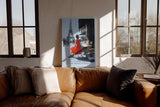 Paul Sinus Wandbild in 40x60cm The Red Dress in Paris Bilder einer Frau im roten Kleid an einem Straßencafé mit Blick auf den Eiffelturm
