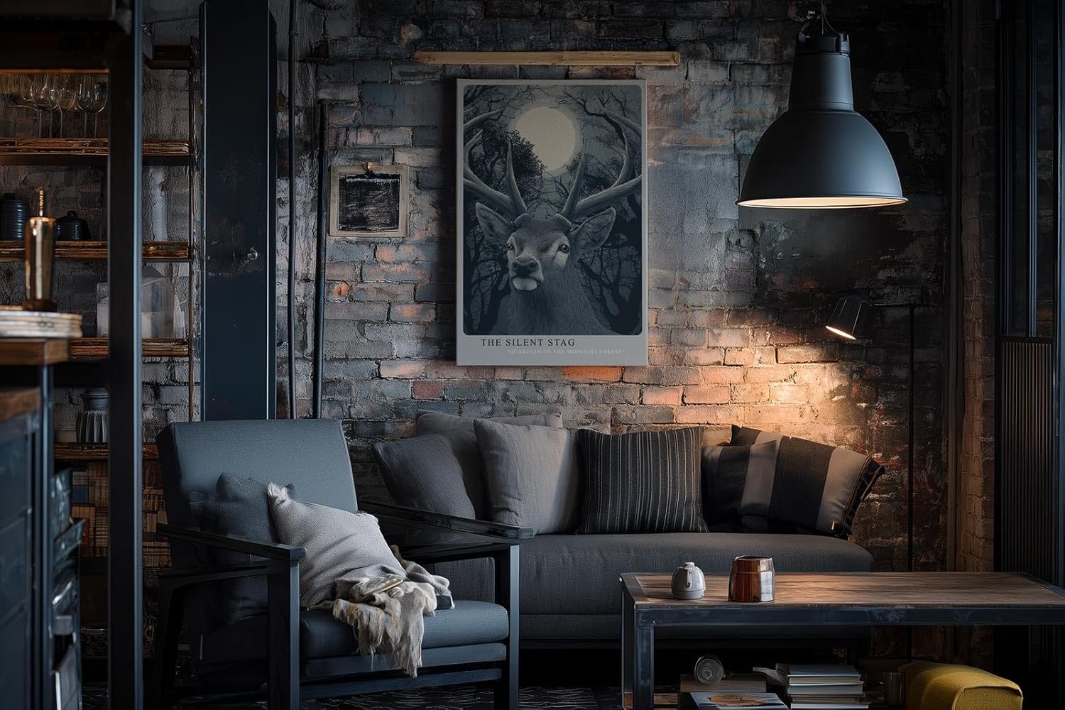 Paul Sinus Wandbild in 40x60cm The Silent Stag – majestätischer Hirsch vor Vollmond im nächtlichen Wald, detailreiche Illustration in kühlen Blautönen