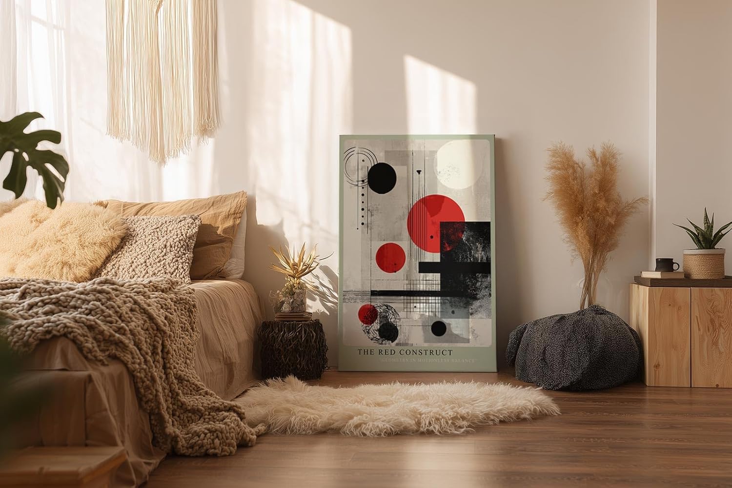 Paul Sinus Wandbild in 40x60cm The Red Construct – Geometrische Abstraktion in Rot, Schwarz und Weiß mit klaren Linien und markanten Formen