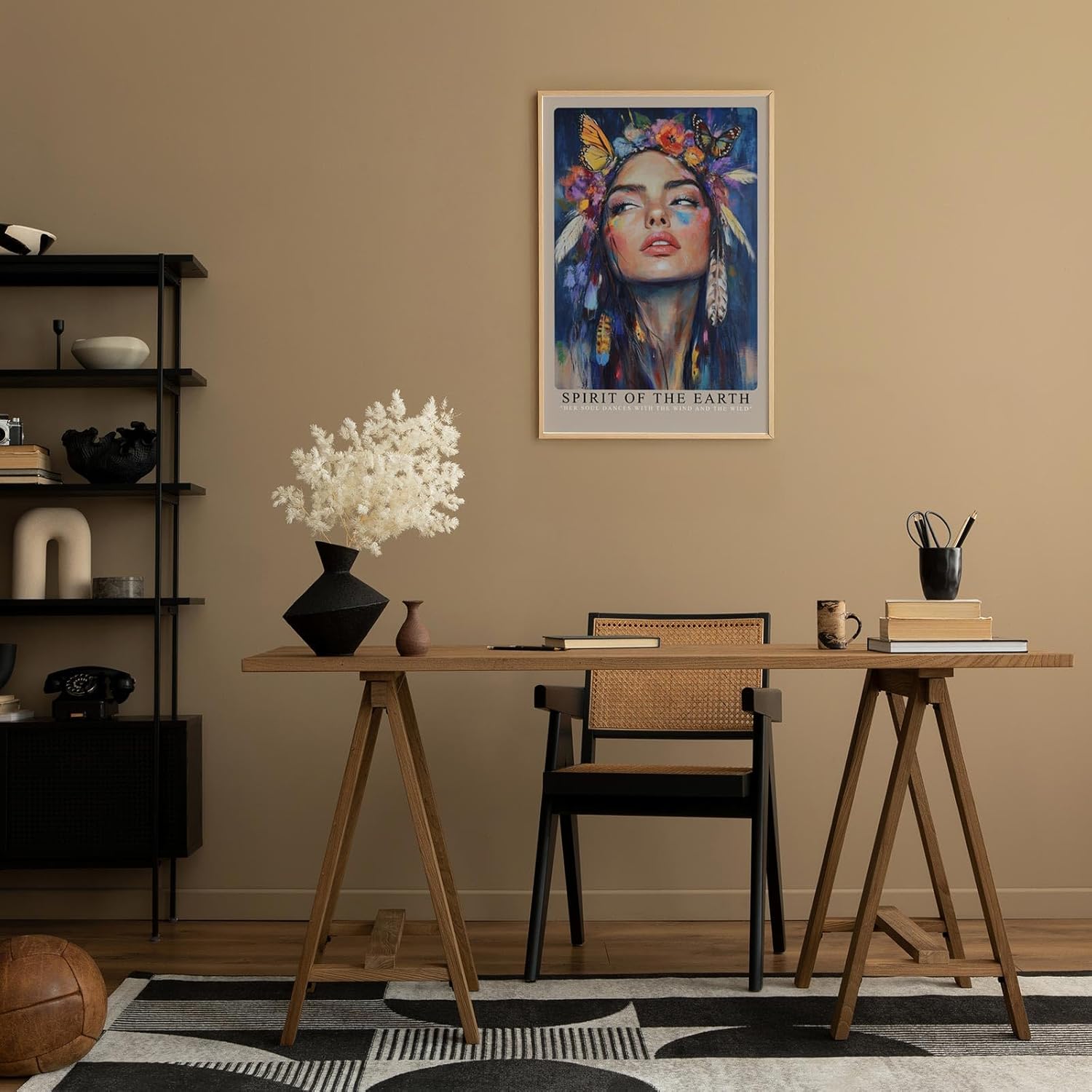 Paul Sinus Leinwandbild 40x60cm Geist der Erde – Ausdrucksstarkes Porträt mit Blumen, Schmetterlingen und federleichtem Boho-Stil