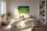 Sinus Art Wandbild 120x80cm Schmaler Fluss mit vielen Booten zwischen satten Reisfeldern in leuchtendem Grün