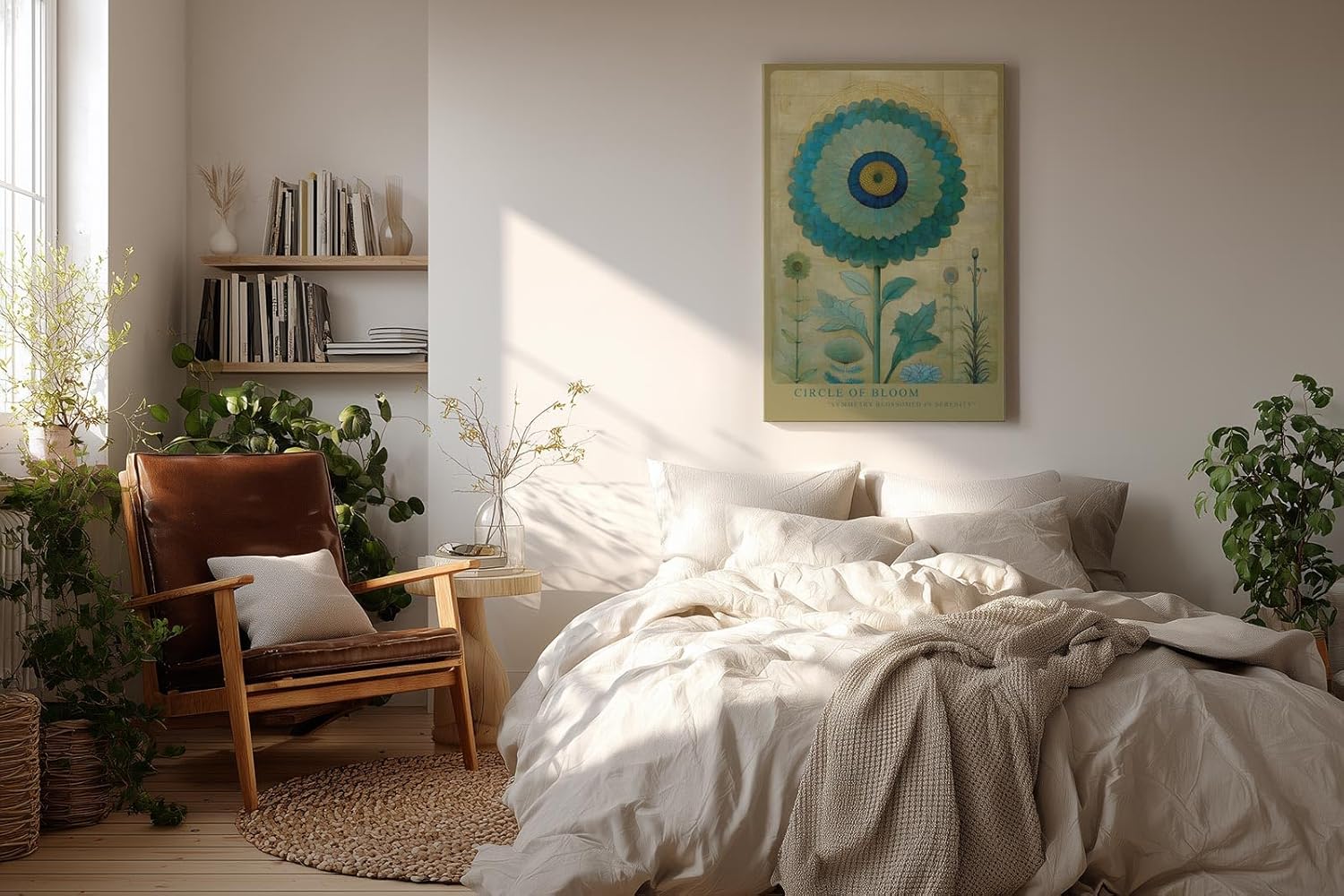 Paul Sinus Wandbild in 40x60cm Circle of Bloom stilisierte Blume in Blauund Grüntönen mit Goldhintergrund elegante Naturkunst auf Leinwand
