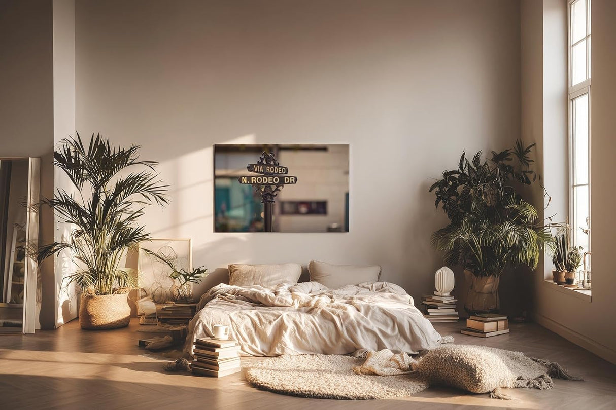 Sinus Art Wandbild 120x80cm Detailaufnahme des bekannten Rodeo-Drive-Straßenschilds – elegant, kontrastreich und ikonisch