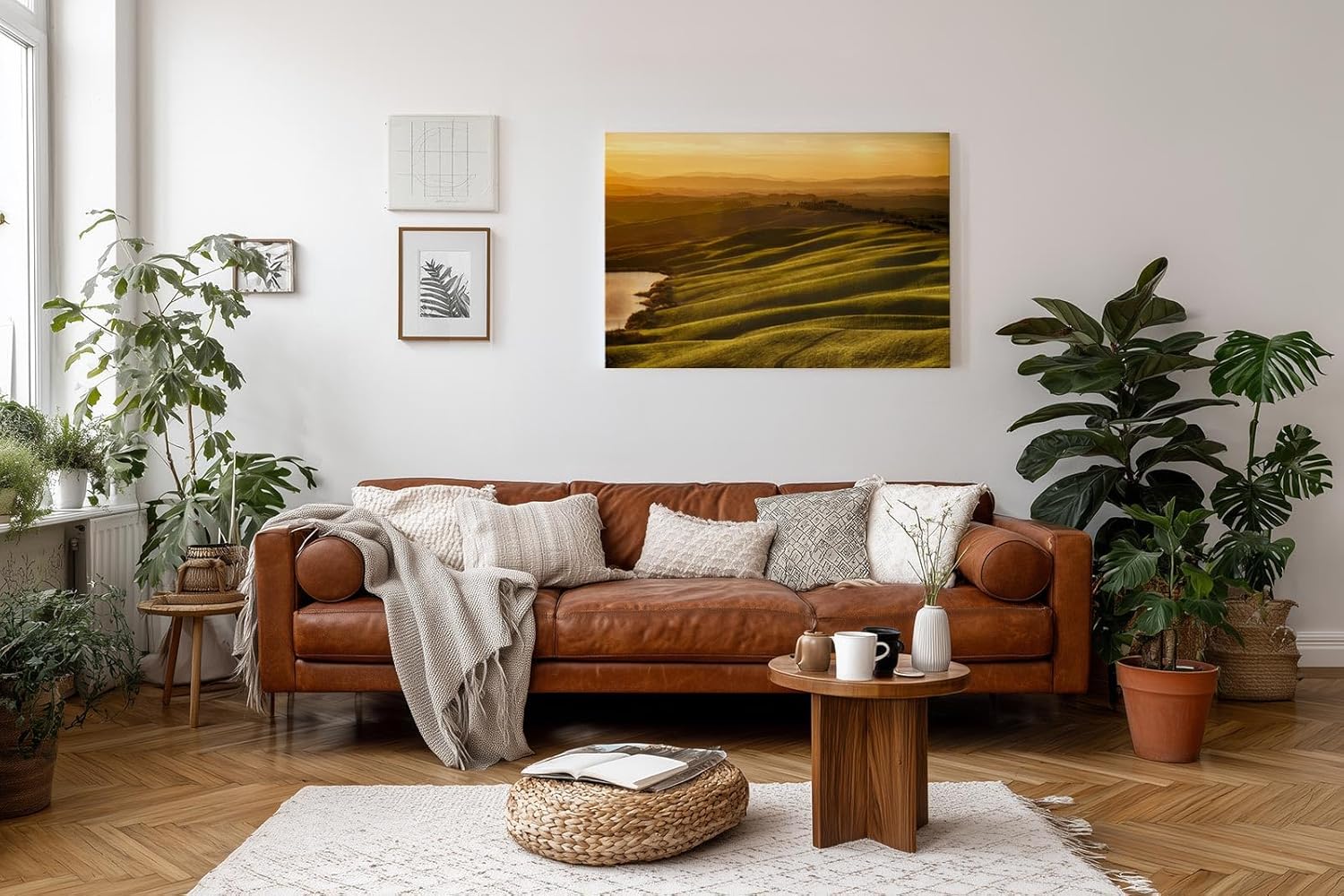 Sinus Art Wandbild 120x80cm Wellenartige Hügel im goldenen Licht der untergehenden Sonne mit weitem Horizont