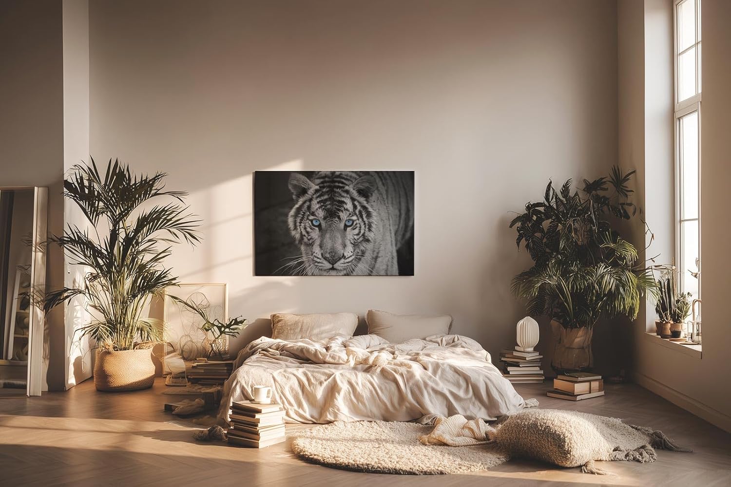 Sinus Art Wandbild 120x80cm Der intensive Blick des Tigers mit leuchtend blauen Augen schafft eine starke Präsenz