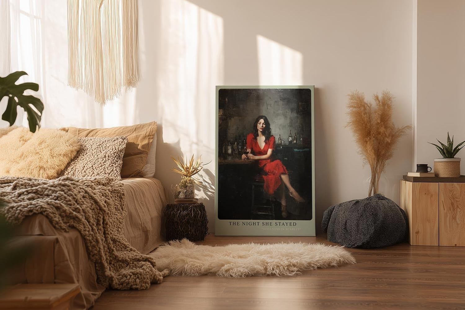 Paul Sinus Wandbild in 40x60cm The Night She Stayed Frau im roten Kleid in Bar-Szene mit Glas Wein in atmosphärischem Ölmalstil