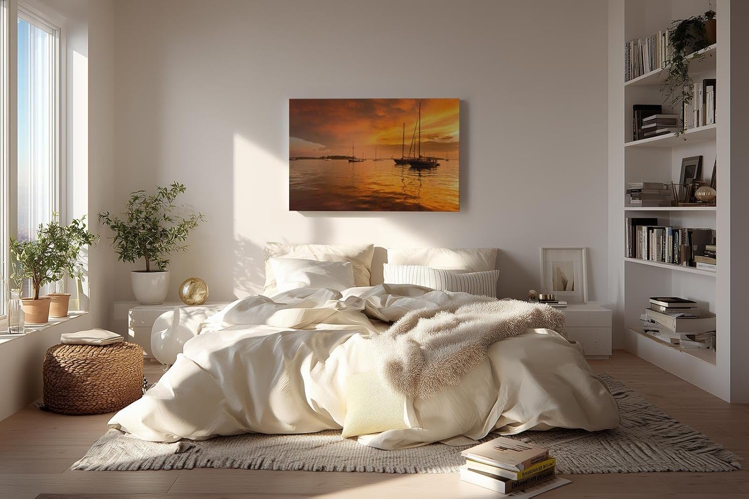 Sinus Art Wandbild 120x80cm Silhouetten von Segelbooten im warmen Abendlicht – maritimes Motiv voller Ruhe und Tiefe