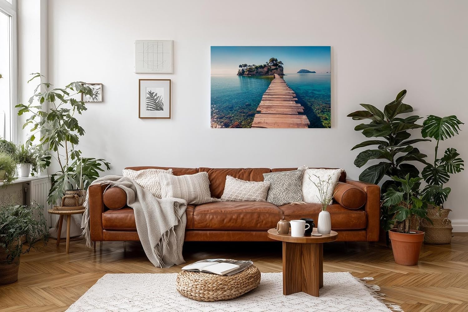 Sinus Art Wandbild 120x80cm Holzsteg führt zur Insel im klaren Meer – Symbol für Freiheit und Fernweh