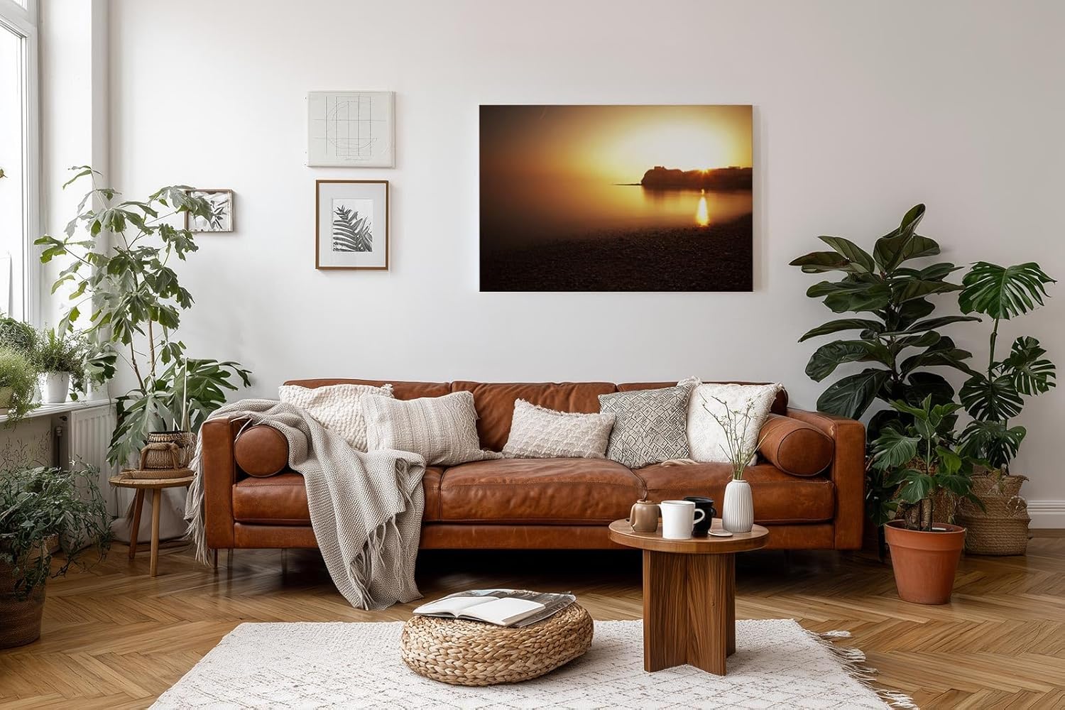 Sinus Art Wandbild 120x80cm Ruhiger Küstenstreifen im goldenen Abendlicht – meditativ, weit und beruhigend