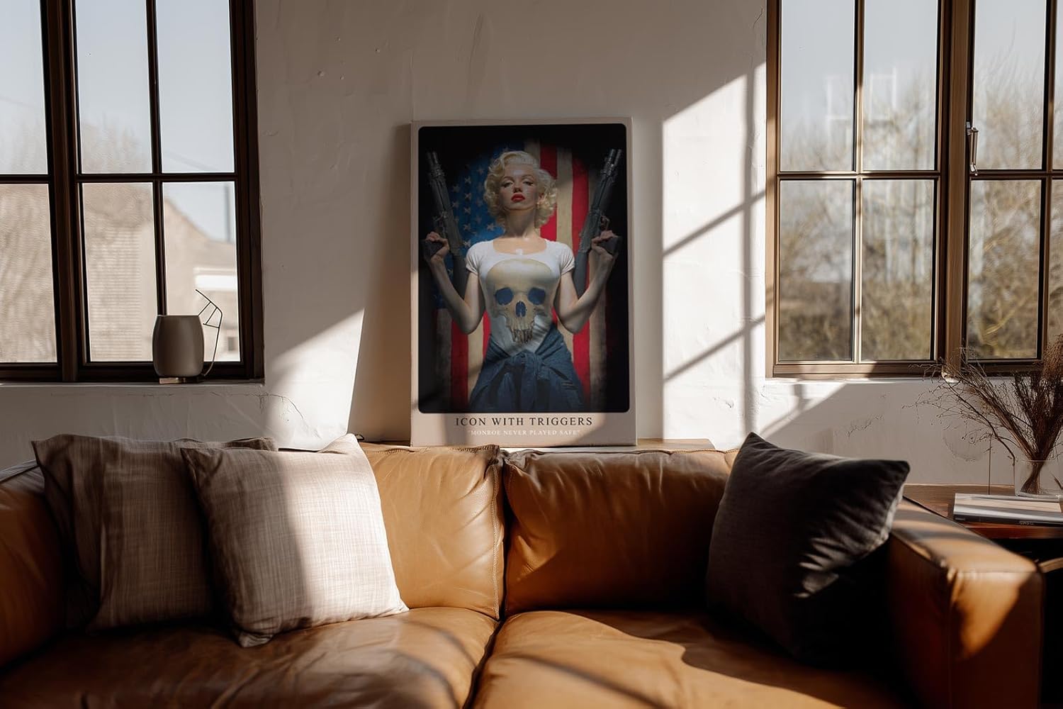Paul Sinus Wandbild in 40x60cm Marilyn Monroe mit Gewehren vor US-Flagge – provokantes Pop-Art-Motiv mit rebellischem Glamour