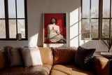 Paul Sinus Wandbild in 40x60cm Frau in weißem Kleid auf rotem Sofa – ausdrucksstarkes Porträt mit starker Farbwirkung